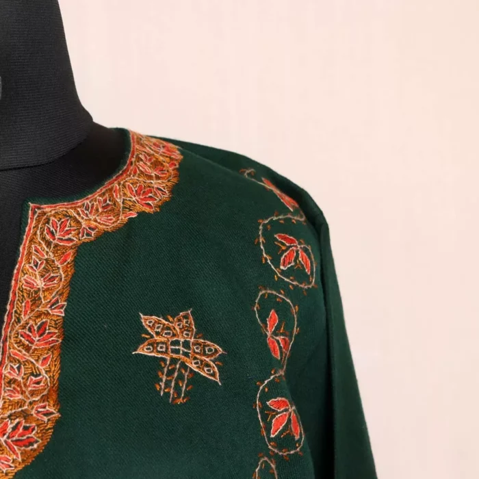 Naira Designer Pheran- Dark Green Raffal With Kashmiri Sozni Handwork - Image 3