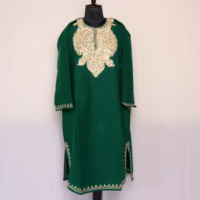 Dark Green Kashmiri Gyawun Phiran For Women -  Cashmilon with Aari Work | Haseen Collection - Image 2