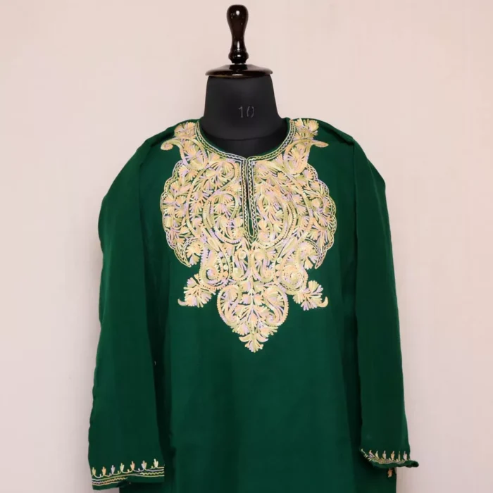 Dark Green Kashmiri Gyawun Phiran For Women -  Cashmilon with Aari Work | Haseen Collection