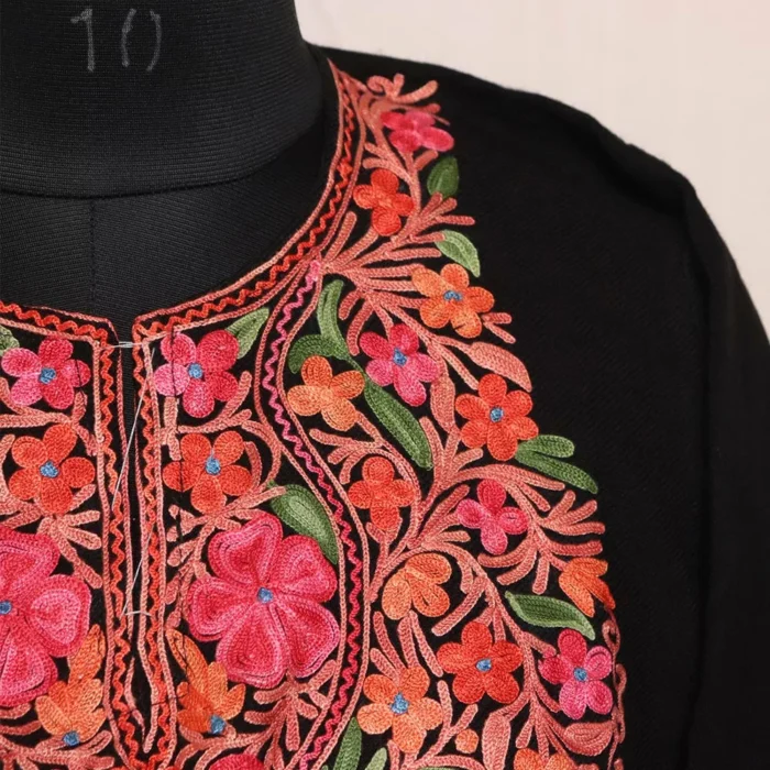 Kashmiri Pheran For Women - Black Premium Cashmilon with Aari Work - Image 3