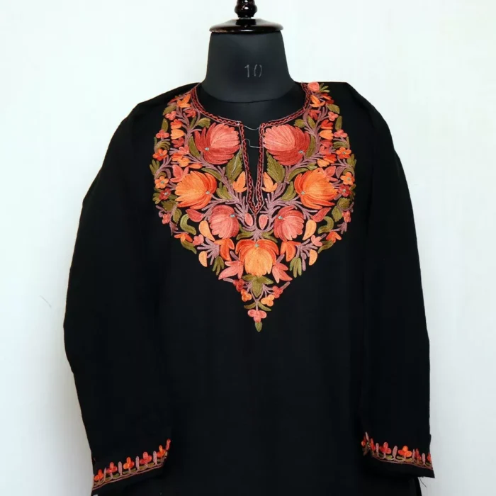 Kashmiri Pheran For Women - Black Posh Bagh Premium Cashmilon with Aari Work