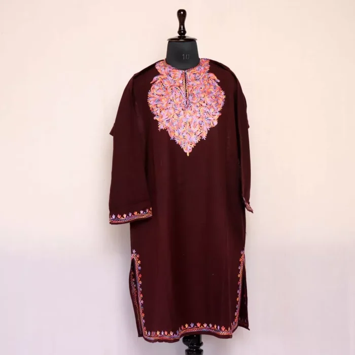 Wine Kashmiri Pheran For Women -  Cashmilon with Aari Work | Khoobsurat Collection - Image 2
