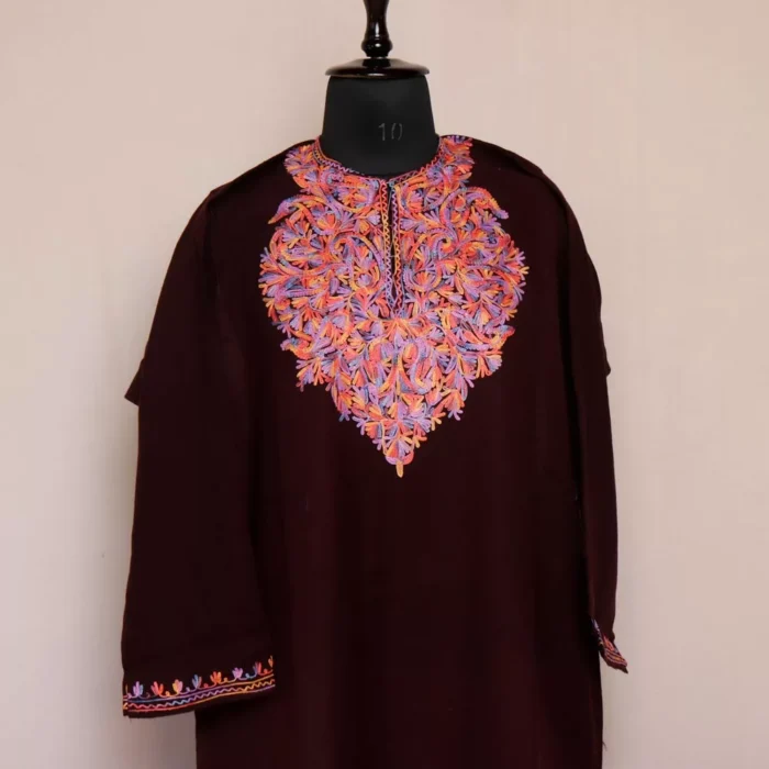 Wine Kashmiri Pheran For Women -  Cashmilon with Aari Work | Khoobsurat Collection