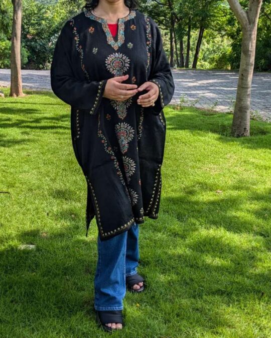 Shaheen Designer Pheran- Black Raffal With Sozni Handwork