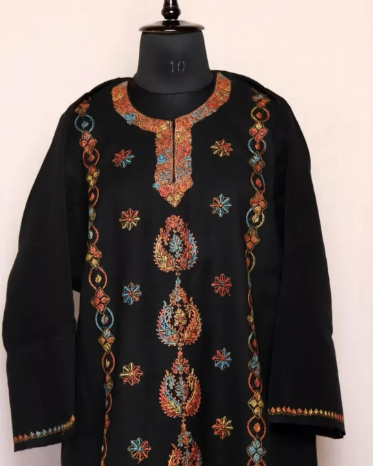 Khanam Designer Pheran- Black Raffal With Kashmiri Sozni Handwork
