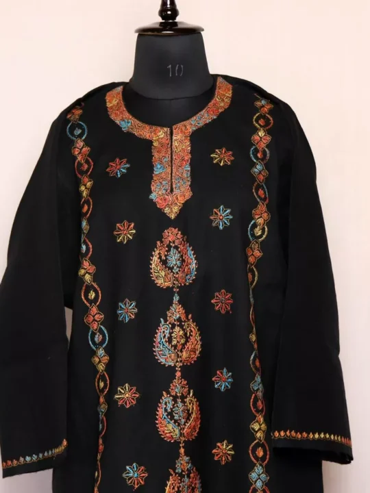 Khanam Designer Pheran- Black Raffal With Kashmiri Sozni Handwork