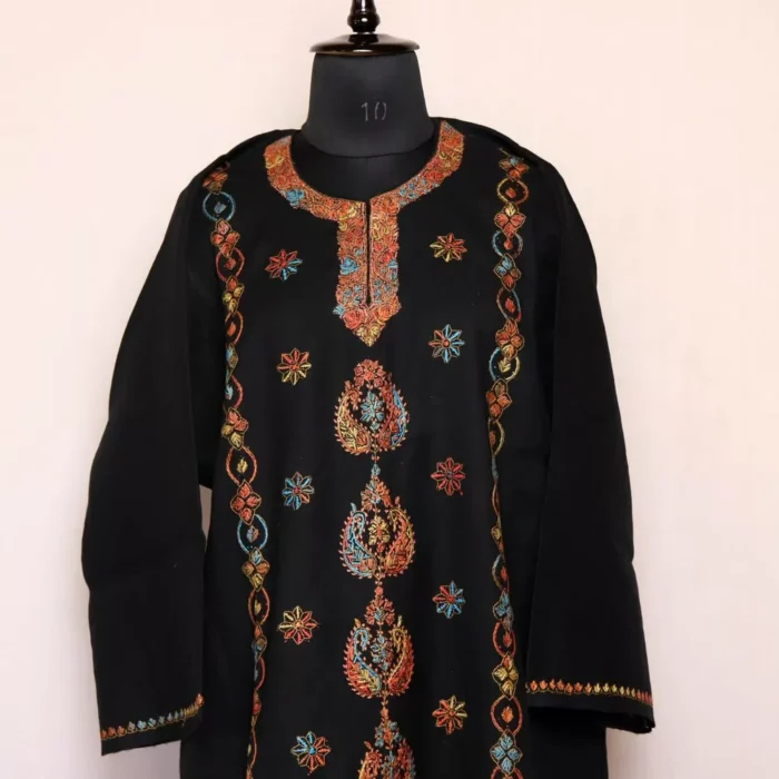 Khanam Designer Pheran- Black Raffal With Kashmiri Sozni Handwork