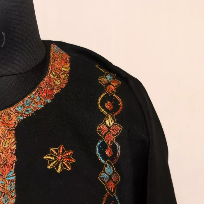 Khanam Designer Pheran- Black Raffal With Kashmiri Sozni Handwork - Image 3