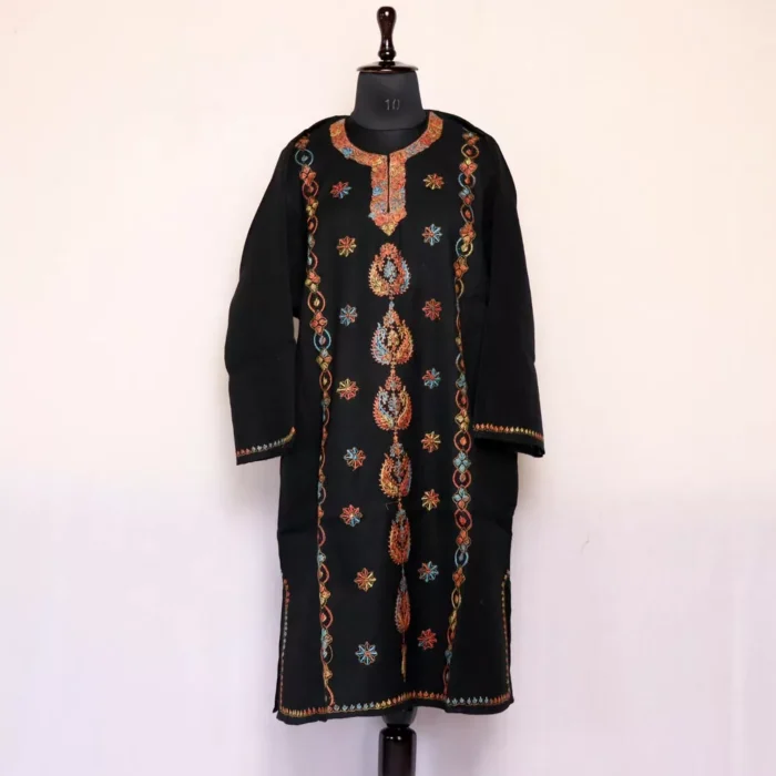 Khanam Designer Pheran- Black Raffal With Kashmiri Sozni Handwork - Image 2