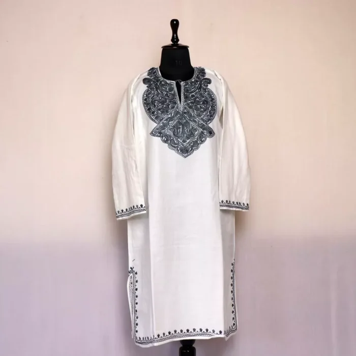 White Kashmiri Pheran For Women -  Cashmilon with Aari Work | Khoobsurat Collection - Image 2