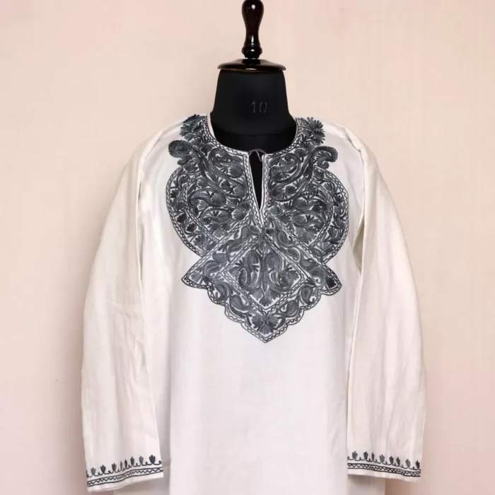 White Kashmiri Pheran For Women -  Cashmilon with Aari Work | Khoobsurat Collection