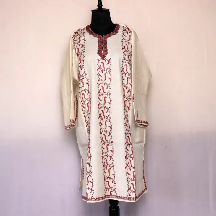 Beenish Designer Pheran- White Pure Wool With Kashmiri Sozni Handwork - Image 2