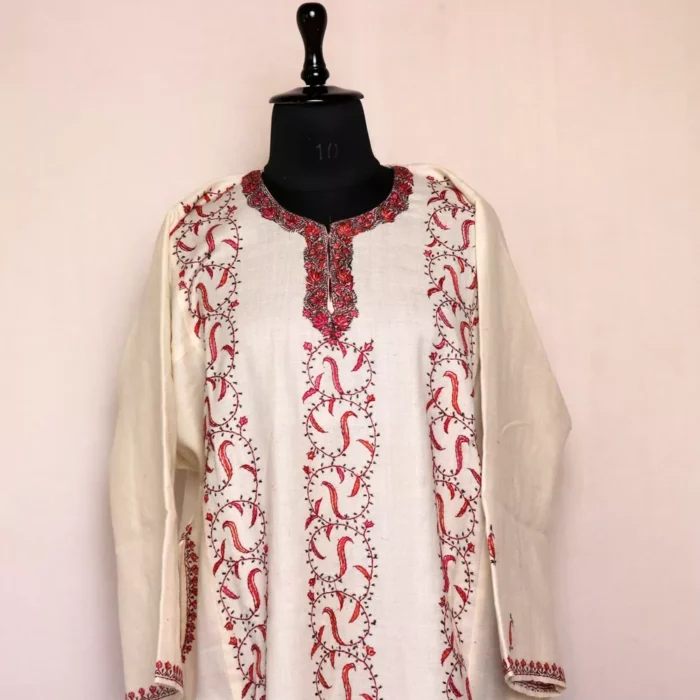 Beenish Designer Pheran- White Pure Wool With Kashmiri Sozni Handwork