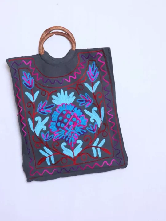 Kashmiri Crewel Casual Handbag with Willow Handle | Dark Grey