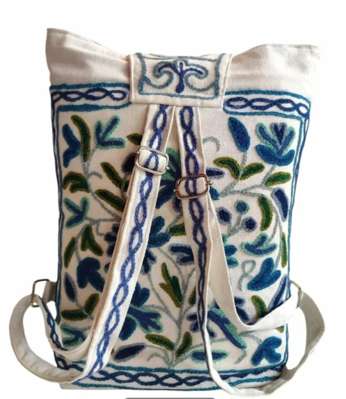 White Backpack With Kashmiri Crewel Embroidery Elephant Design - Image 3