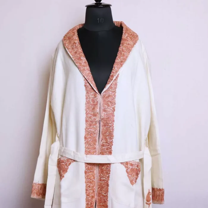 White Brown Bathrobe/Dressing Gown with Ari Embroidery - Neymat - Image 2