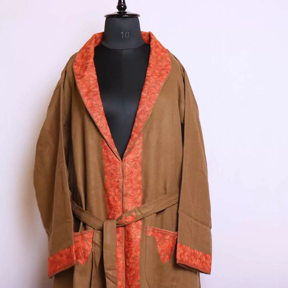 Brown Aftaabi Bathrobe/Dressing Gown with Ari Embroidery - Neymat - Gyawun