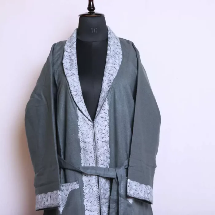 Greyish Kashmiri Bathrobe/Dressing Woolen Gown with Ari Embroidery - Neymat - Image 2