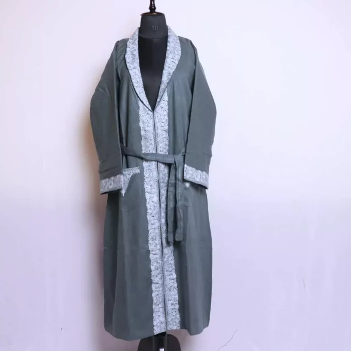 Greyish Kashmiri Bathrobe/Dressing Woolen Gown with Ari Embroidery - Neymat