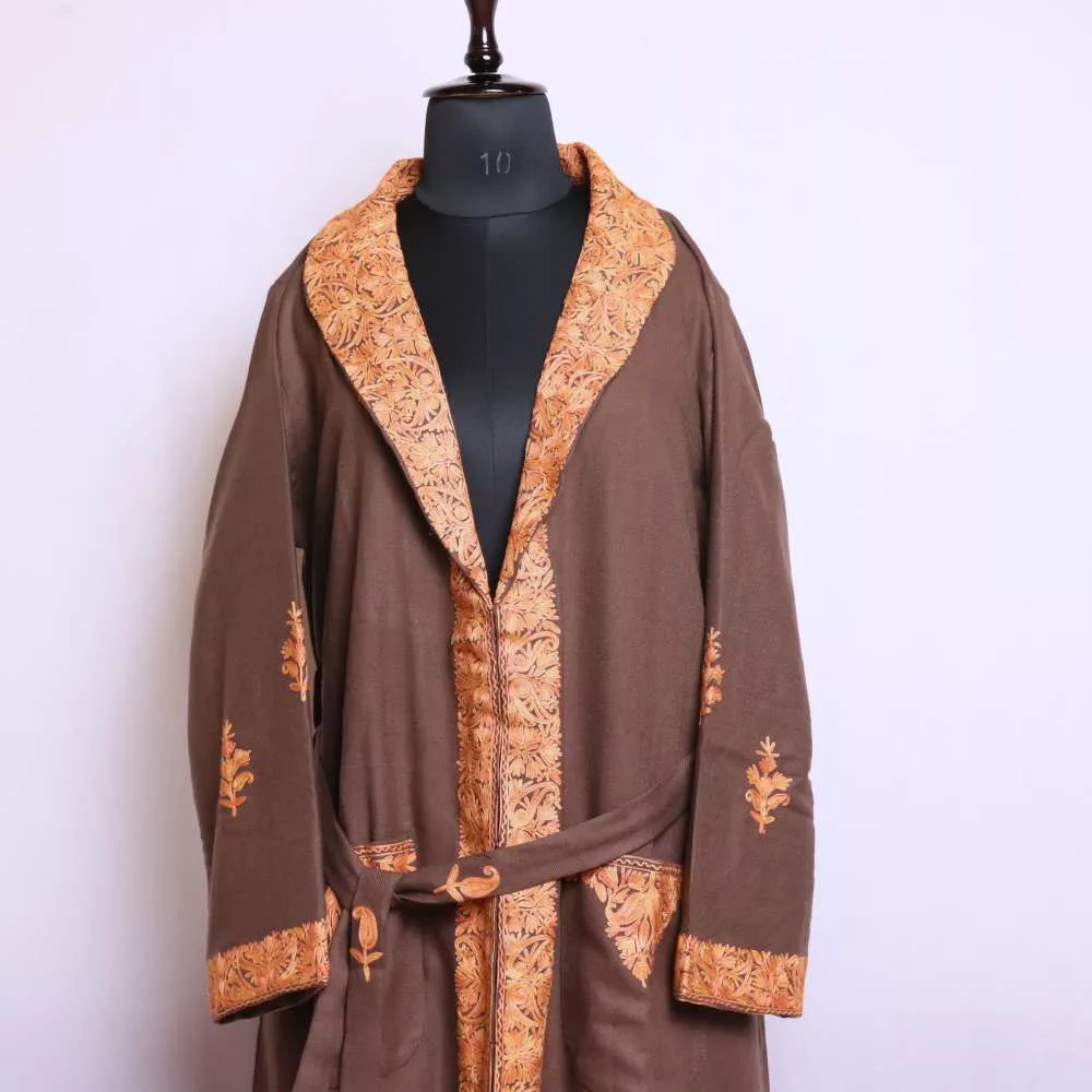 Brown Bathrobe/Dressing Gown from Kashmir with Ari Embroidery - Neymat