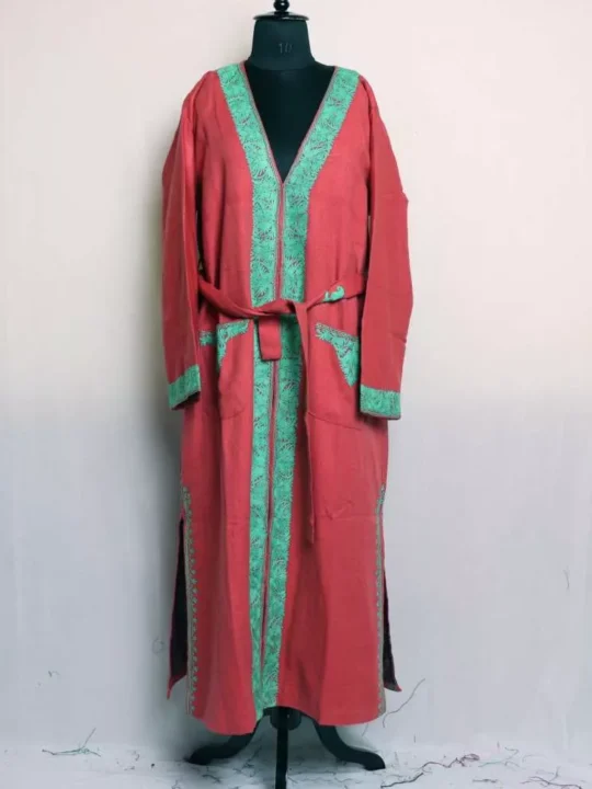 Pink Women Bathrobe/Dressing Woolen Gown with Ari Embroidery - Azka