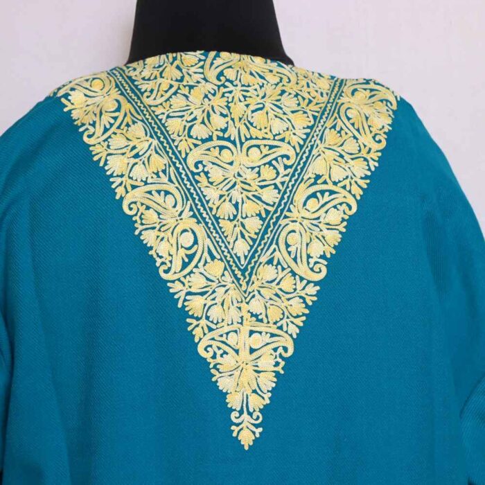 Bluish Green Women Bathrobe/Dressing Woolen Gown with Ari Embroidery - Azka - Image 2