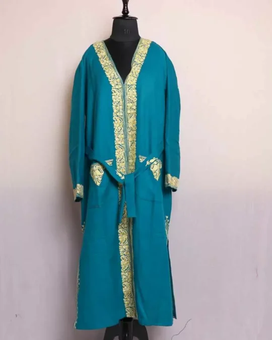 Bluish Green Women Bathrobe/Dressing Woolen Gown with Ari Embroidery - Azka