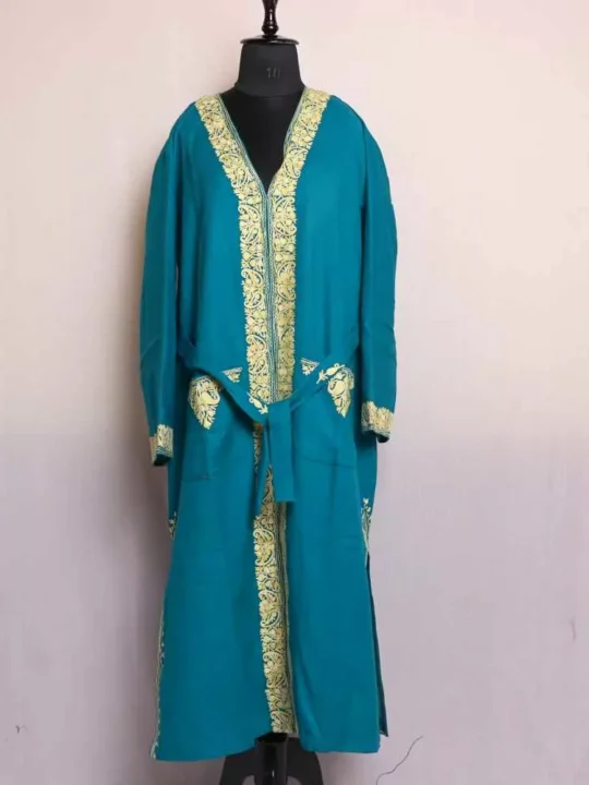 Bluish Green Women Bathrobe/Dressing Woolen Gown with Ari Embroidery - Azka