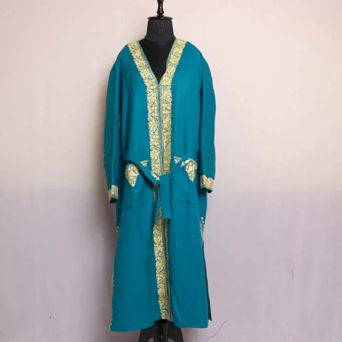 Bluish Green Women Bathrobe/Dressing Woolen Gown with Ari Embroidery - Azka