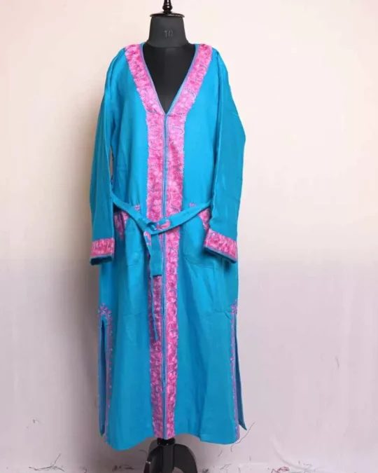 Blue Pink Women Bathrobe/Dressing Woolen Gown with Ari Embroidery - Azka
