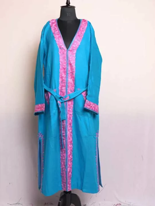 Blue Pink Women Bathrobe/Dressing Woolen Gown with Ari Embroidery - Azka