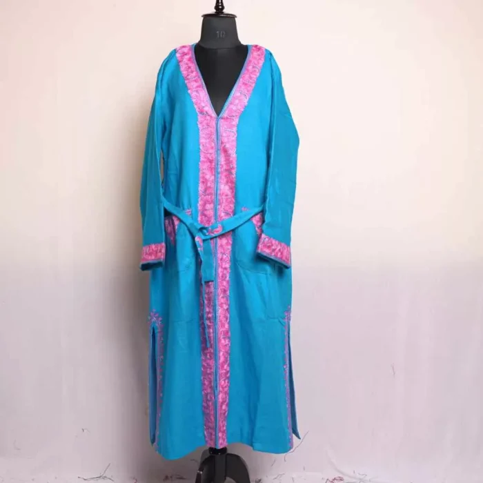 Blue Pink Women Bathrobe/Dressing Woolen Gown with Ari Embroidery - Azka