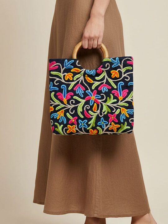 Square Ring Bag With Crewel Kashmiri Embroidery - Small