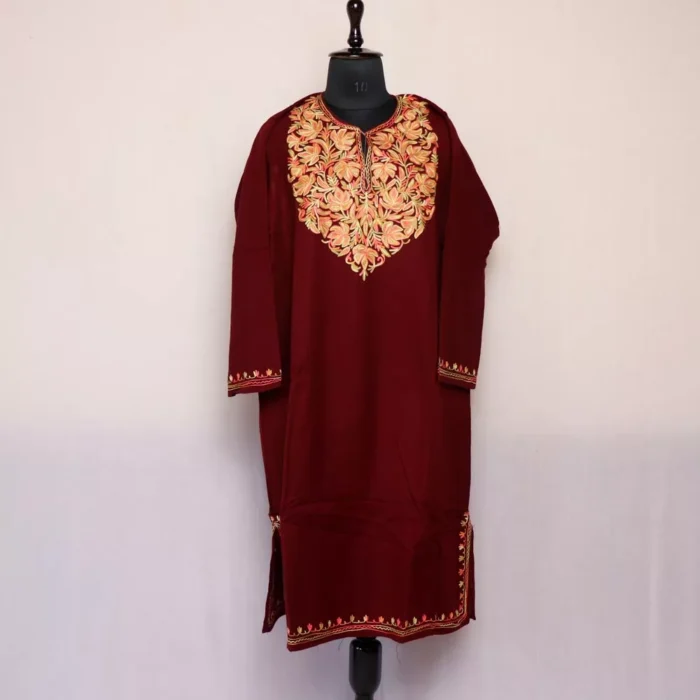 Maroon Kashish Kashmiri Pheran Cashmilon Fabric with Aari Work - Image 2