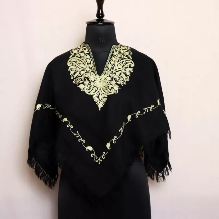 Black Kashmiri Poncho Chinar Aari Crafted