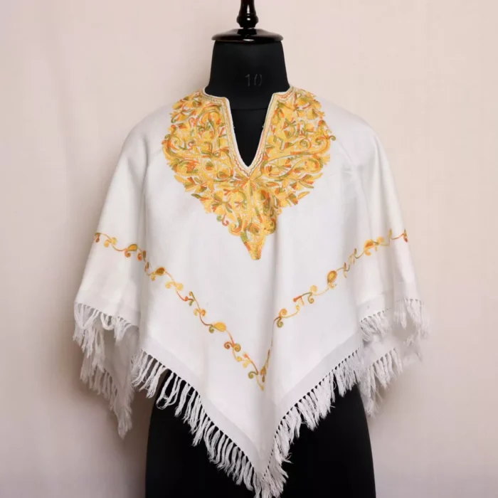 White Kashmiri Poncho Detailed Aari Work