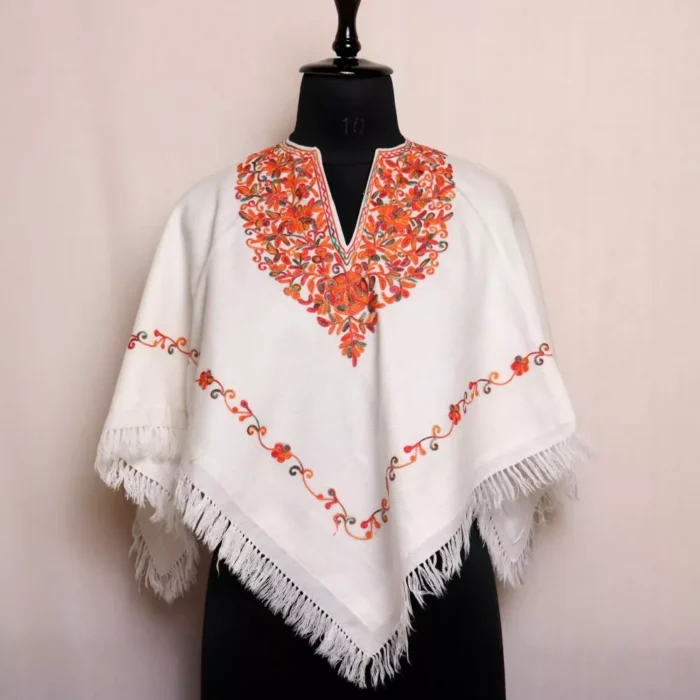 White Kashmiri Detailed Embroidery Poncho