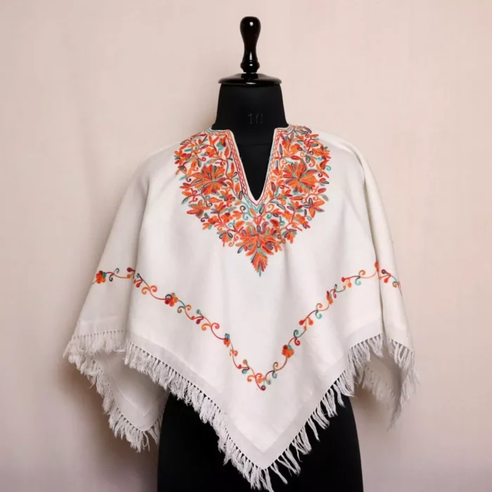 White Beautiful Kashmiri Poncho Embroidery