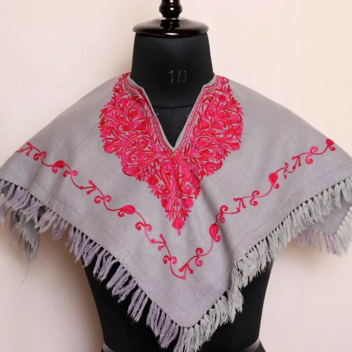 Grey Kashmiri Cashmilon Kids Poncho with Aari Embroidery