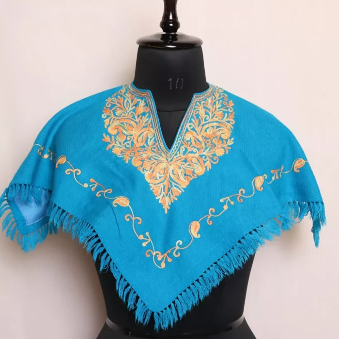 Jhil Dal Blue Cashmilon Kids Poncho with Aari Work