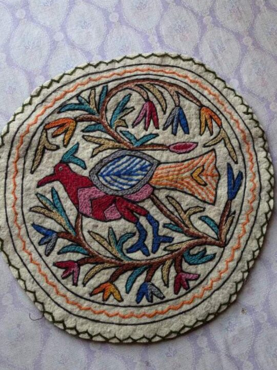 Kashmiri Round Tapestry Namda Rug – 2 feet, Pure Wool, Handmade Peacock Embroidery