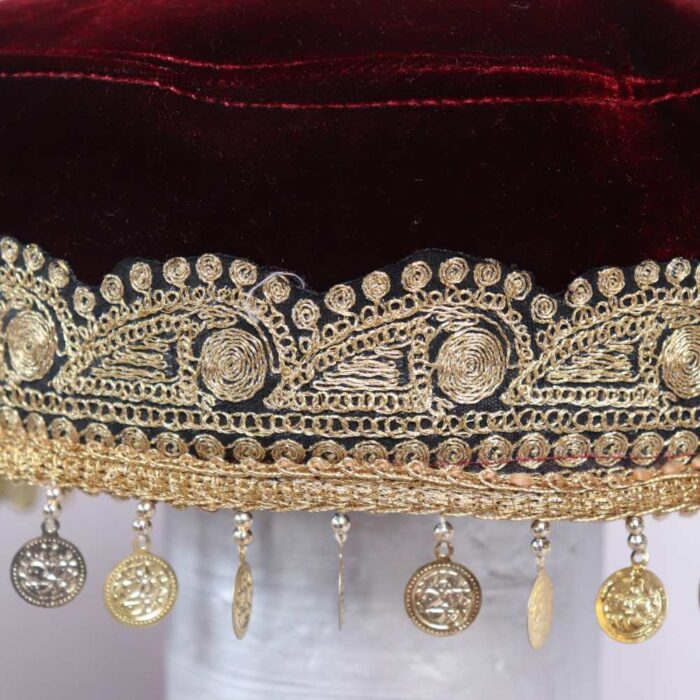 Deep Maroon Kashmiri Bridal Velvet Cap with Tilla Embroidery - Image 3