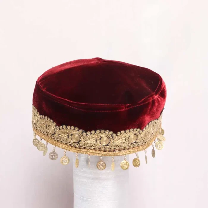 Deep Maroon Kashmiri Bridal Velvet Cap with Tilla Embroidery