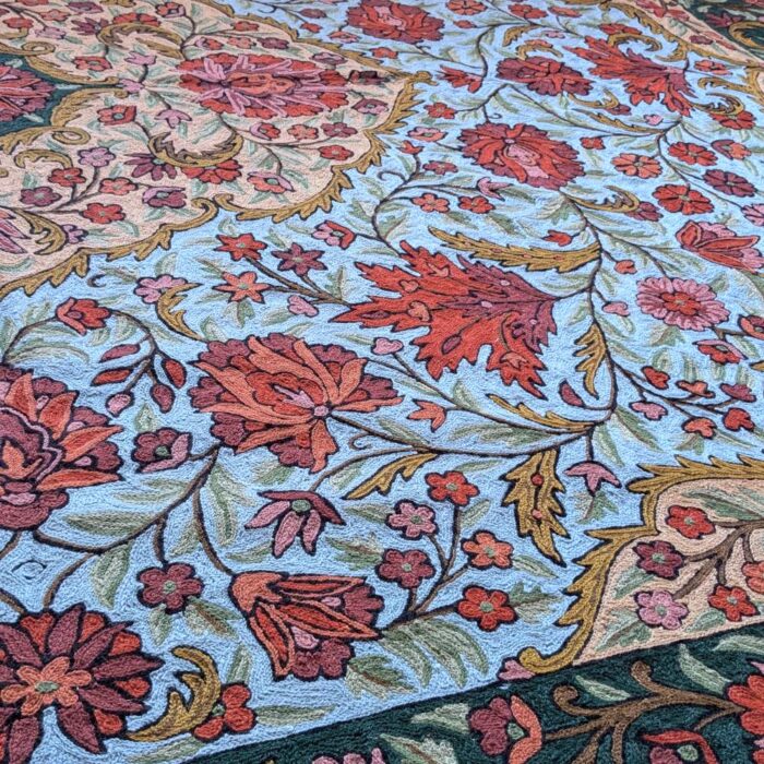 Royal Kashmiri Carpet/Rug Hand-Embroidered 10*8 With Chainstitch Embroidery Green - Image 3