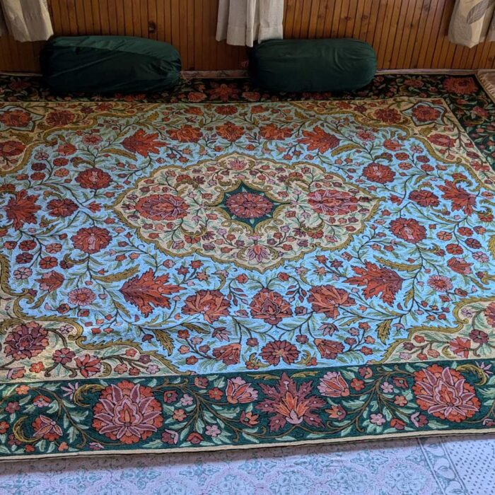 Royal Kashmiri Carpet/Rug Hand-Embroidered 10*8 With Chainstitch Embroidery Green