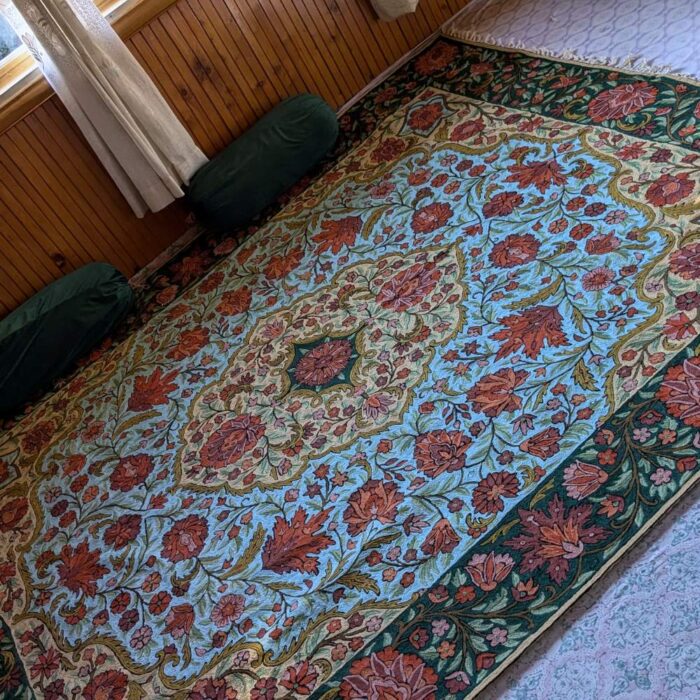 Royal Kashmiri Carpet/Rug Hand-Embroidered 10*8 With Chainstitch Embroidery Green - Image 2