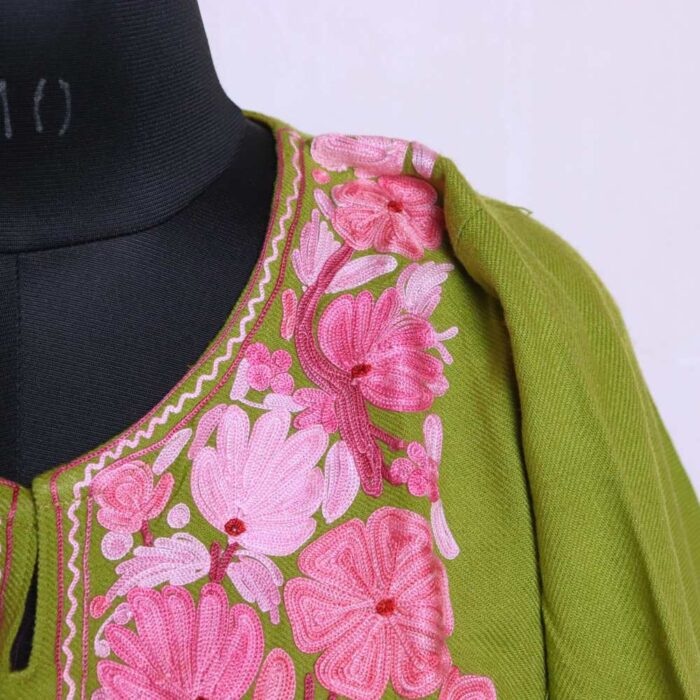 Light Green Kashmiri Floral Cashmilon Pheran Dress Aari Embroidery for Women Wear - Image 3