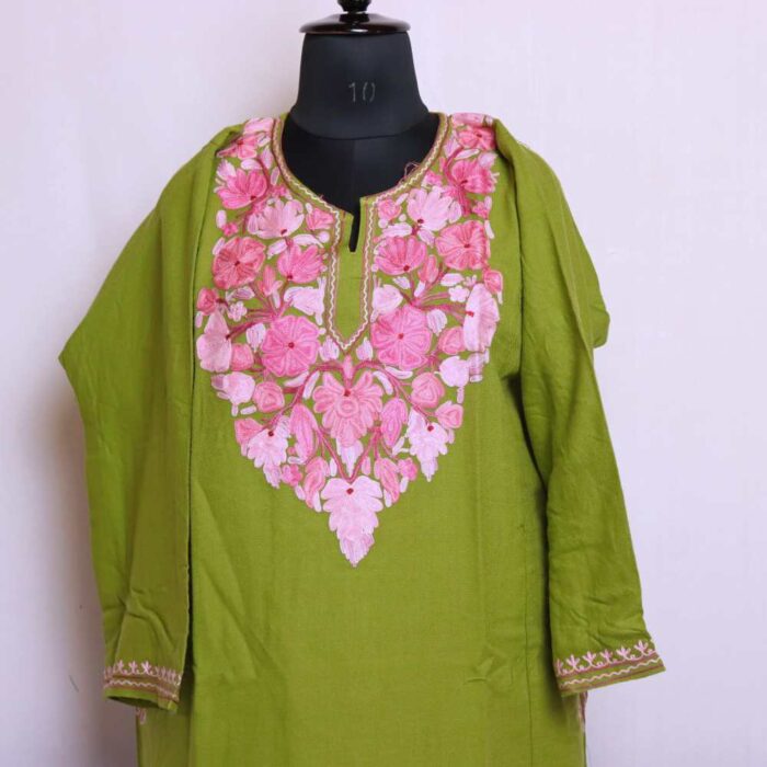Light Green Kashmiri Floral Cashmilon Pheran Dress Aari Embroidery for Women Wear - Image 2