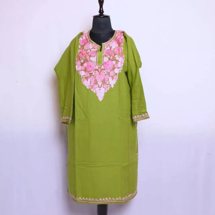 Light Green Kashmiri Floral Cashmilon Pheran Dress Aari Embroidery for Women Wear