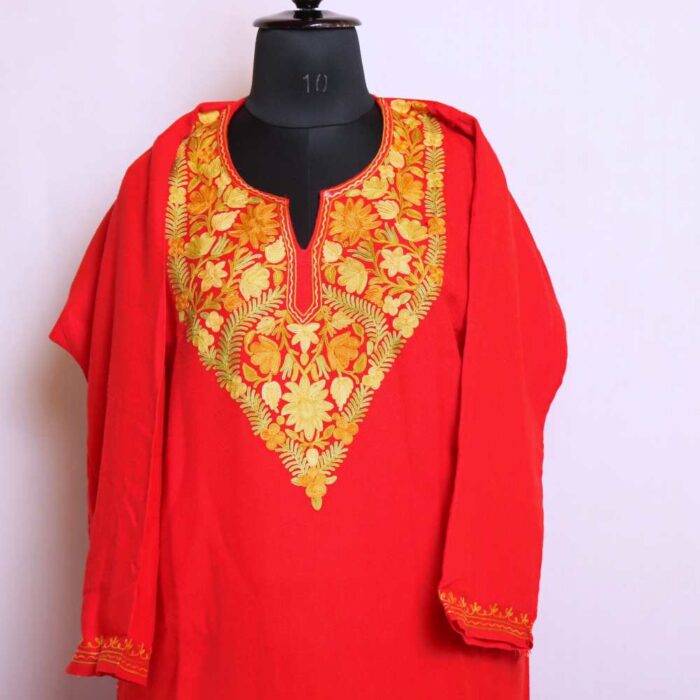 Kashmiri Pheran Women Red Color with Beautiful Aari Embroidery - Marhaba - Image 2